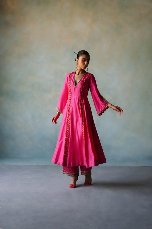 Gul Hot Pink Side Kali Silk Kurta Set Sale