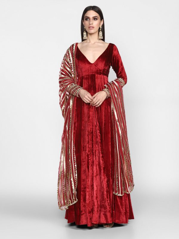 Abhinav Mishra  Maroon Anarkali Hot on Sale