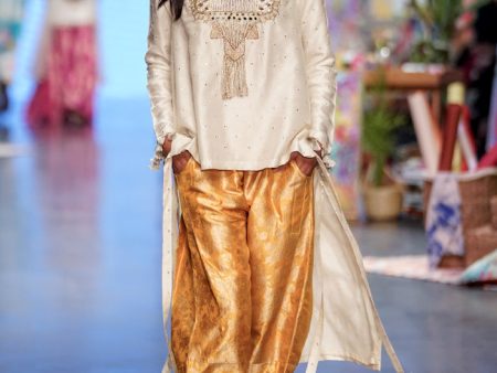 Off White Abla Silk Embroidered High Low Kurta With Mustard Brocade Constructed Pants. For Sale