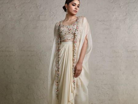 Silk Blouse With Crepe Dhoti And Organza Cape Online Hot Sale