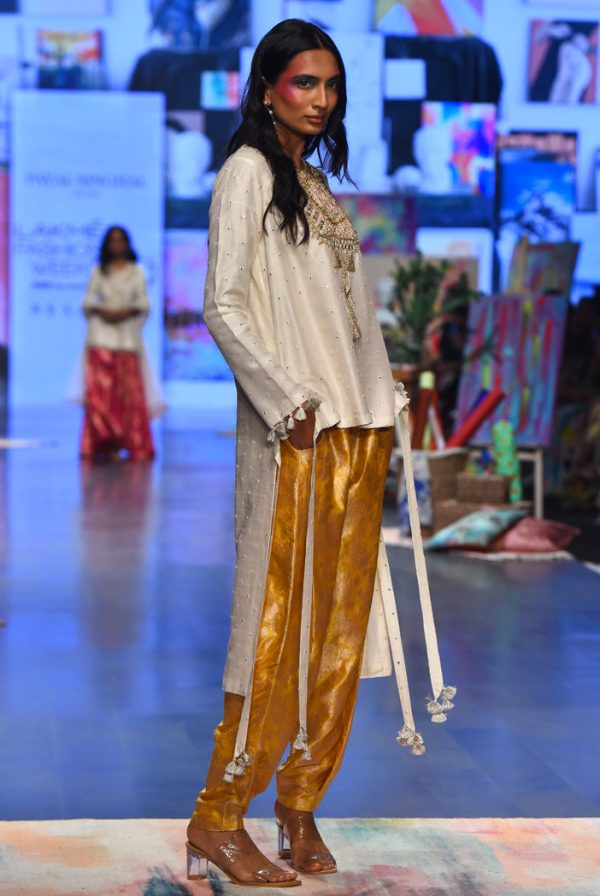 Off White Abla Silk Embroidered High Low Kurta With Mustard Brocade Constructed Pants. For Sale