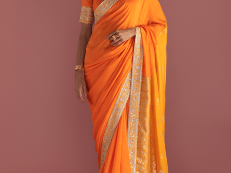 Orange Colour-Block Brocade Saree For Cheap