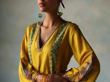 Gul Lime Yellow Side Kali Crepe Kurta Set For Cheap