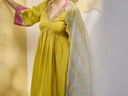 Gul Lime Yellow Bell Sleeve Crepe Kurta Set Fashion