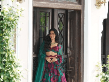 Teal Green Chiffon Floral Lehenga Set Online