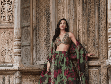 Mehendi Green Floral Lehenga Set Sale