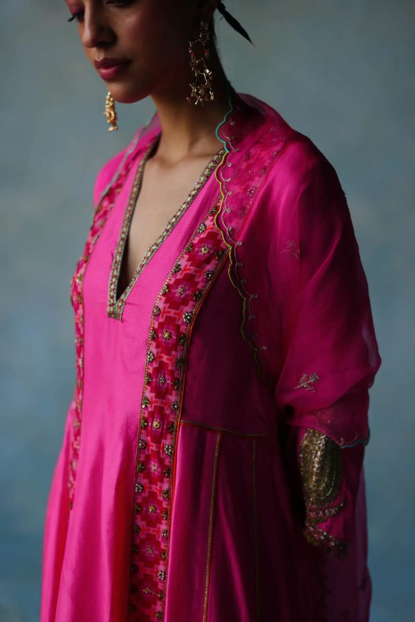 Gul Hot Pink Side Kali Silk Kurta Set Sale