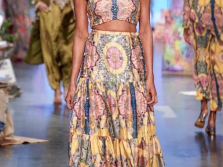 Yellow Enchanted Dupion Silk Printed Embroidered Bustier And Layered Skirt For Sale