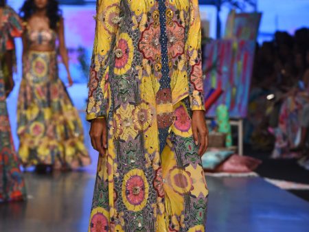 Yellow Enchanted Print Crepe Embroidered Kurta With Cropped Palazzo Online