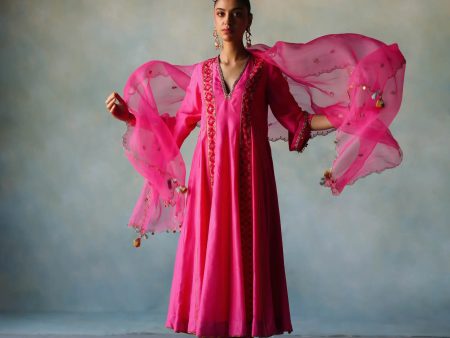 Gul Hot Pink Side Kali Silk Kurta Set Sale