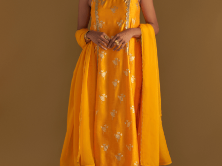 Mango Yellow Irisbud Anarkali Set For Discount