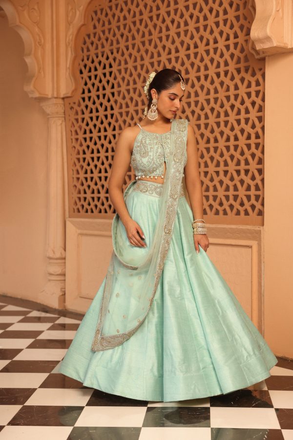 afsa misty green lehenga with blouse and dupatta Online now