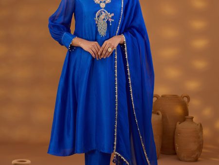 blue silk embroidered kurta set Discount