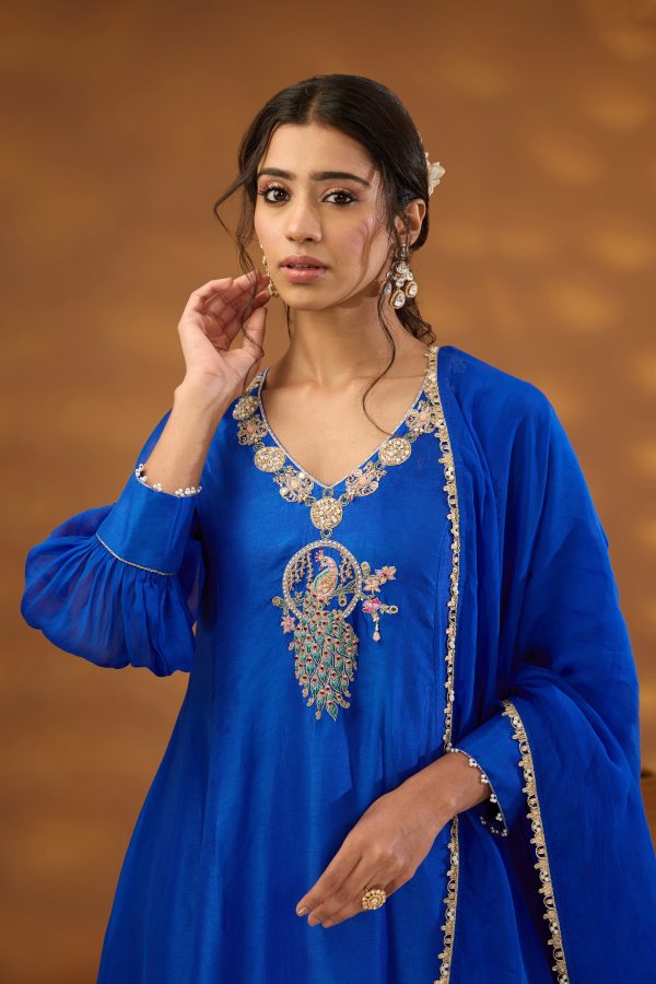 blue silk embroidered kurta set Discount