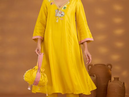 yellow silk embroidered kurta set with dupatta For Discount