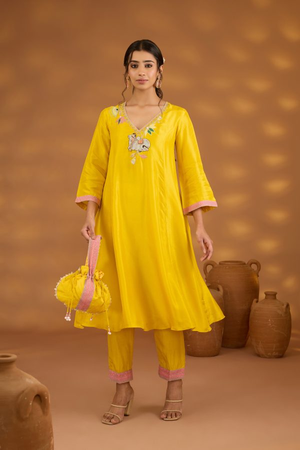 yellow silk embroidered kurta set with dupatta For Discount