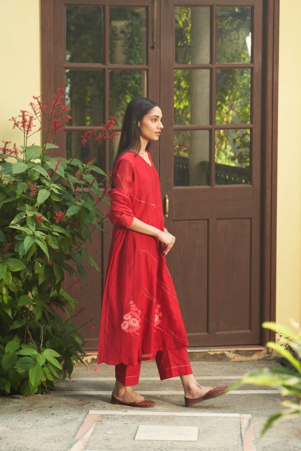 crimson floral kurta set For Cheap