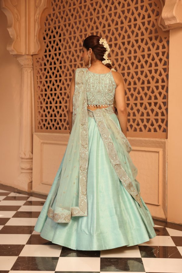 afsa misty green lehenga with blouse and dupatta Online now