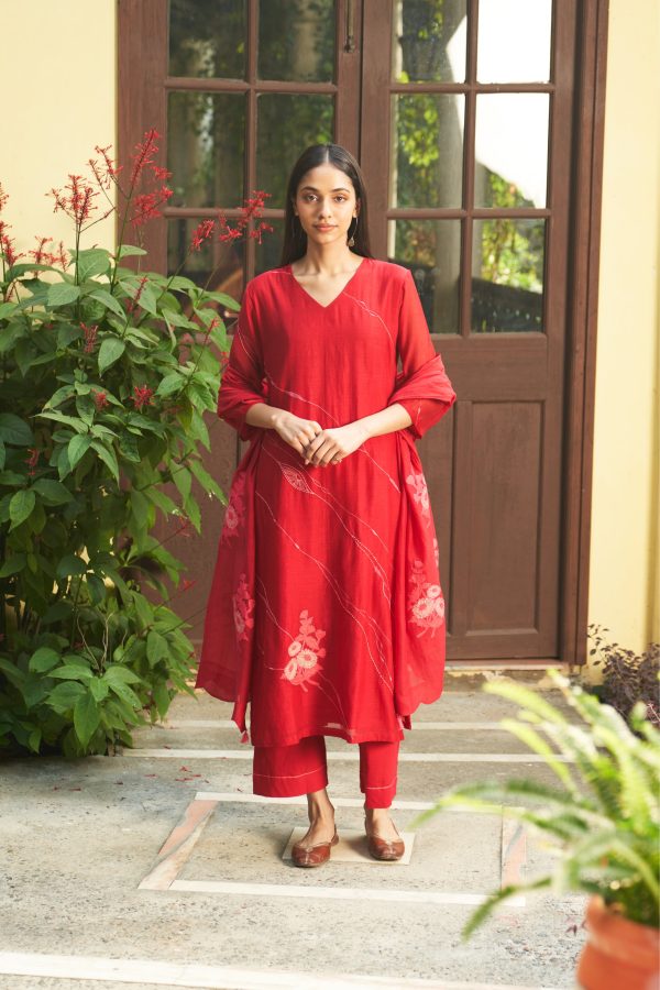 crimson floral kurta set For Cheap