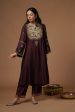 wine kalidar with embroidered velvet yoke and sleeves Online Hot Sale