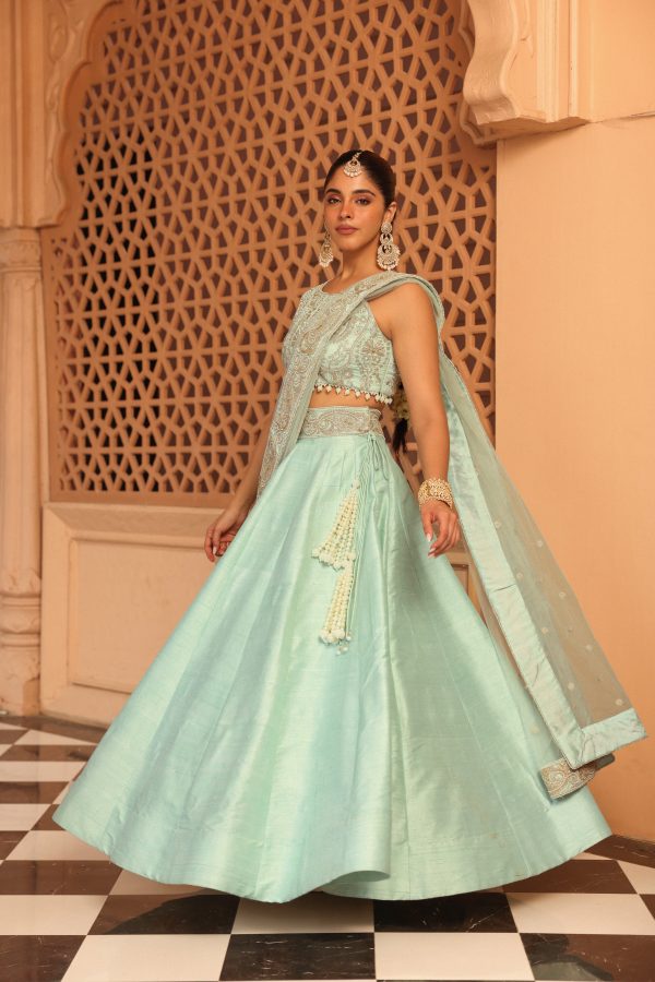 afsa misty green lehenga with blouse and dupatta Online now