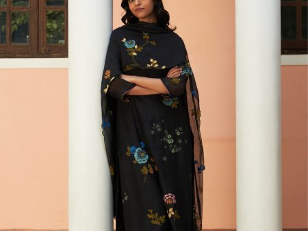 coal floral embroidered kurta set Fashion