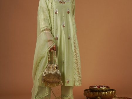 tea green mukaish embroidered brocade kalidaar kurta set Online now