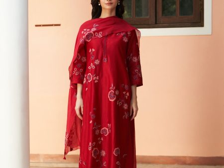 crimson floral applique kurta set Online