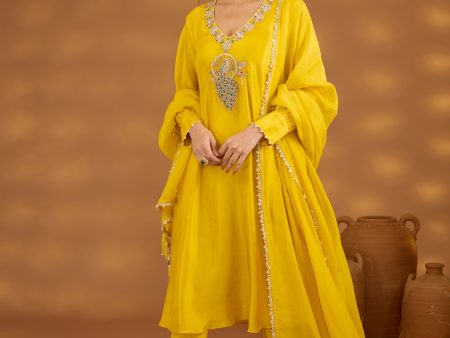 yellow silk embroidered kurta set with dupatta For Discount