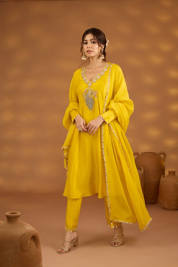 yellow silk embroidered kurta set with dupatta For Discount