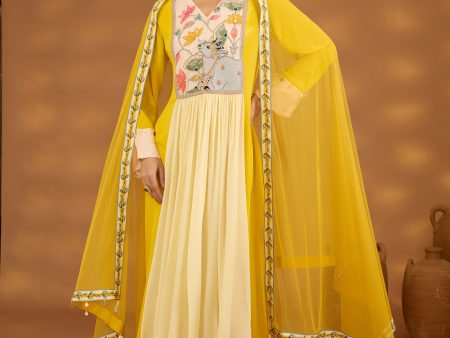 yellow colorblock embroidered kurta set with dupatta Online now