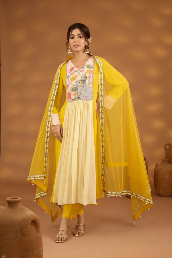 yellow colorblock embroidered kurta set with dupatta Online now