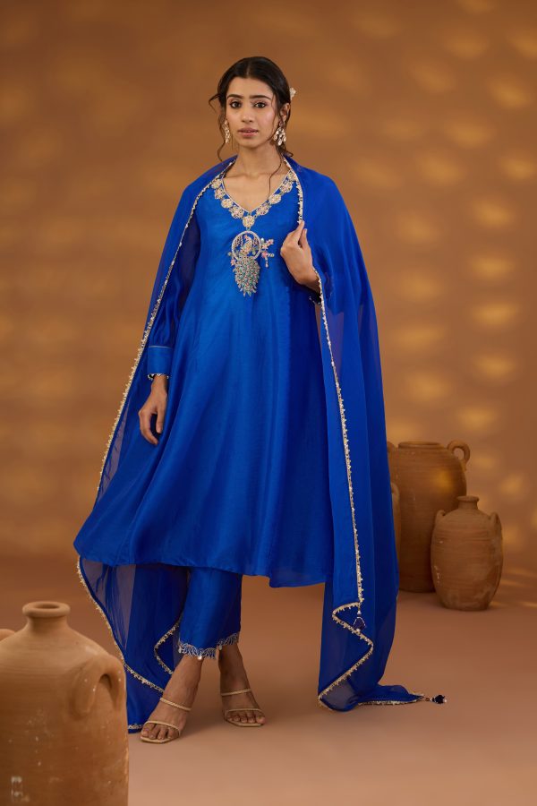 blue silk embroidered kurta set Discount