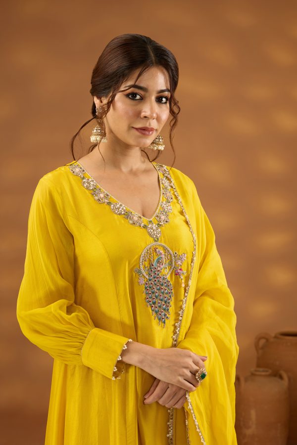 yellow silk embroidered kurta set with dupatta For Discount