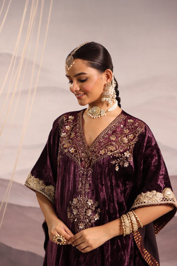 wine velvet hand embroidered kaftan with dabka and sequin detailing Online now