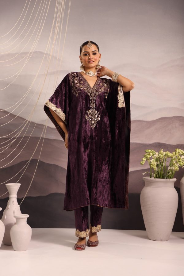 wine velvet hand embroidered kaftan with dabka and sequin detailing Online now