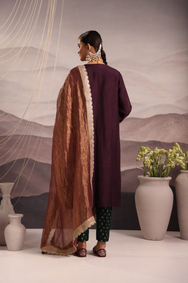 wine silk princess cut kurta with hand embroidered yoke in teal and lilac For Discount