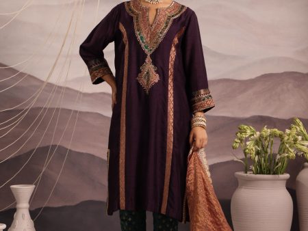 wine silk princess cut kurta with hand embroidered yoke in teal and lilac For Discount