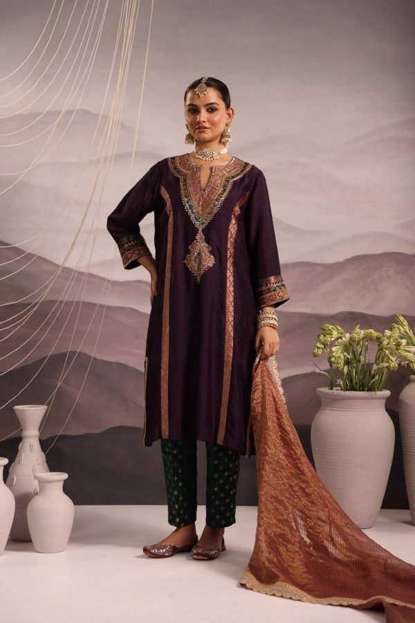 wine silk princess cut kurta with hand embroidered yoke in teal and lilac For Discount