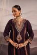 wine silk princess cut kurta with hand embroidered yoke in teal and lilac For Discount