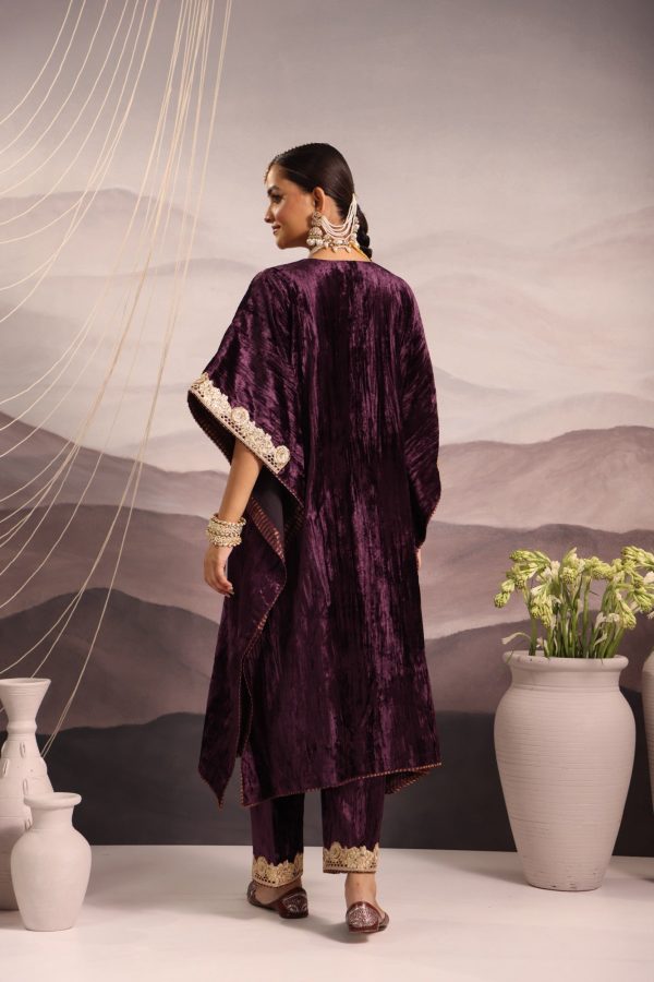 wine velvet hand embroidered kaftan with dabka and sequin detailing Online now