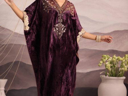 wine velvet hand embroidered kaftan with dabka and sequin detailing Online now