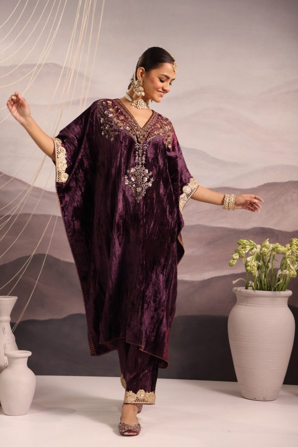 wine velvet hand embroidered kaftan with dabka and sequin detailing Online now