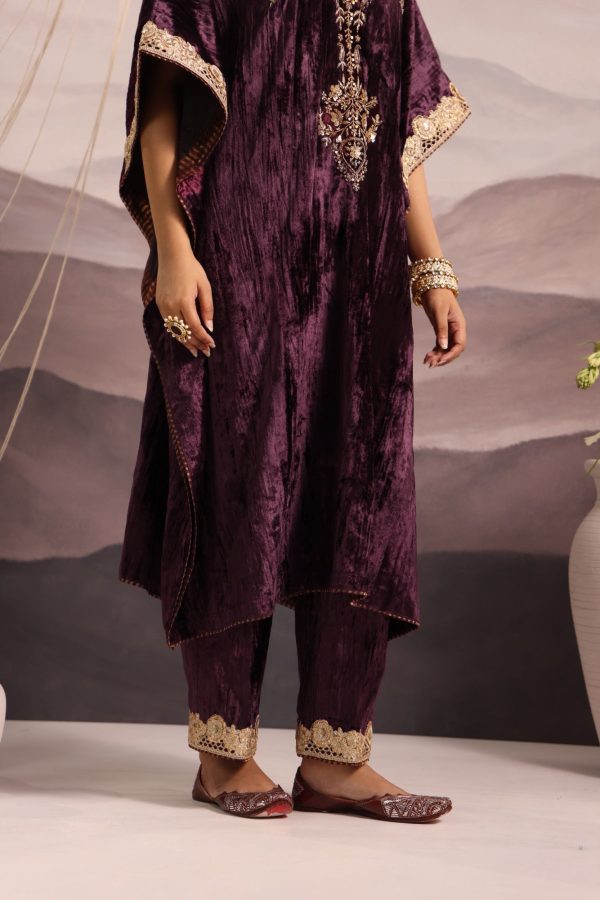 wine velvet hand embroidered kaftan with dabka and sequin detailing Online now